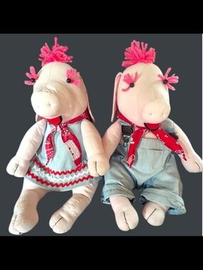 Vintage Handmade Pair Stuffed Boy & Girl Pigs Overalls Bandana Farm Decor